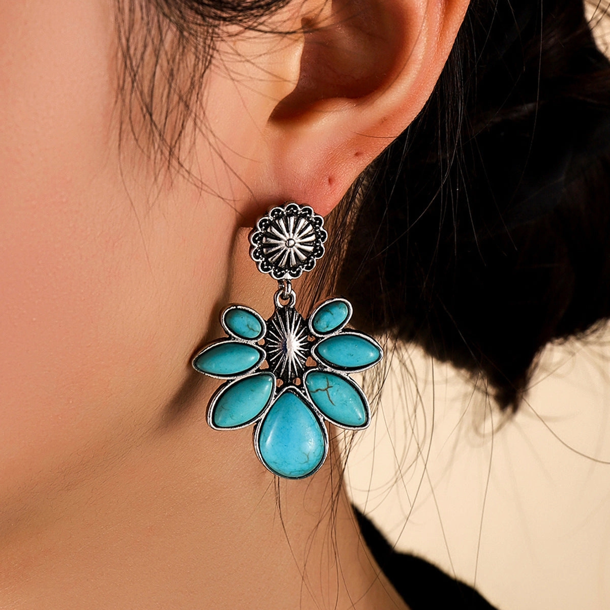 Wholesale Vintage Bohemian Flowers Turquoise Alloy Earrings