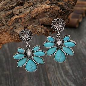 Wholesale Vintage Bohemian Flowers Turquoise Alloy Earrings