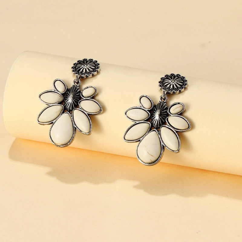 Wholesale Vintage Bohemian Flowers Turquoise Alloy Earrings