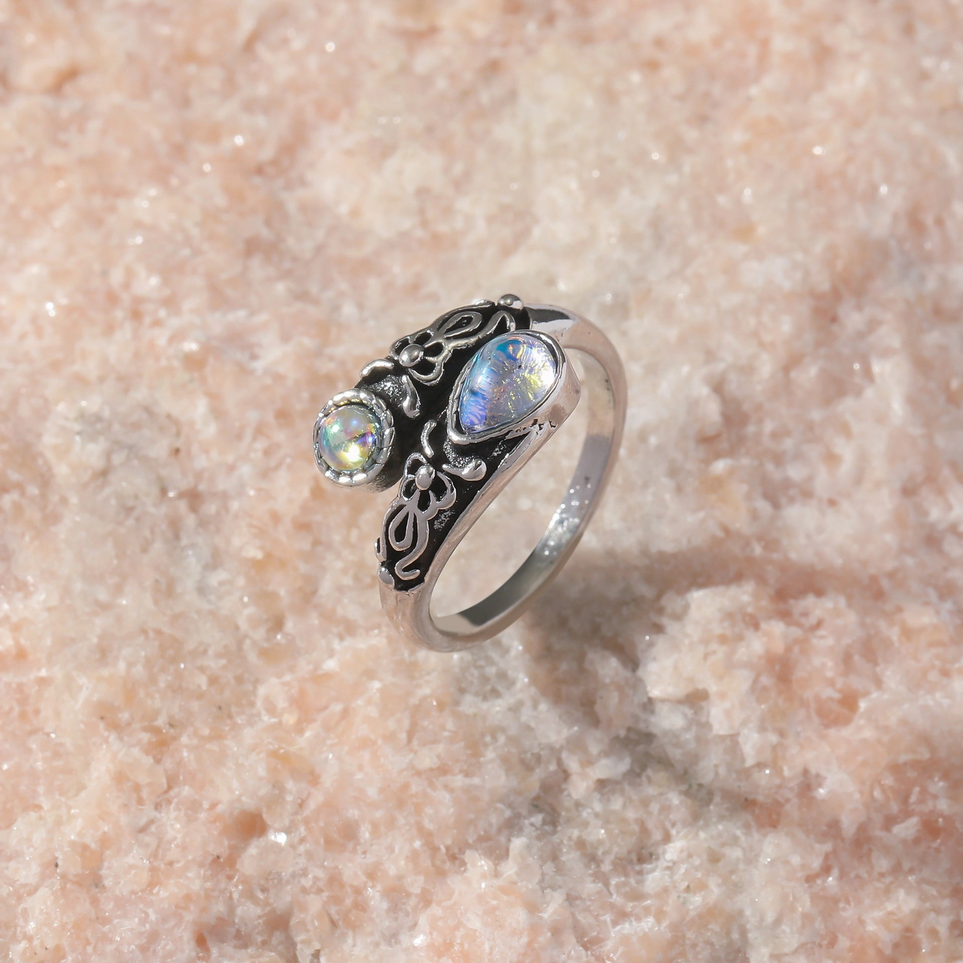 Wholesale Vintage Bohemian Moonstone Ring Open Adjustable Bow Ring