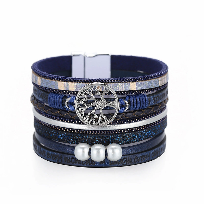 Wholesale Vintage Bohemian Tree of Life Leather Magnetic Buckle Bracelet