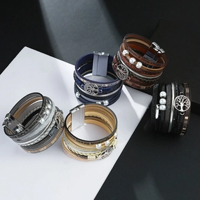 Wholesale Vintage Bohemian Tree of Life Leather Magnetic Buckle Bracelet