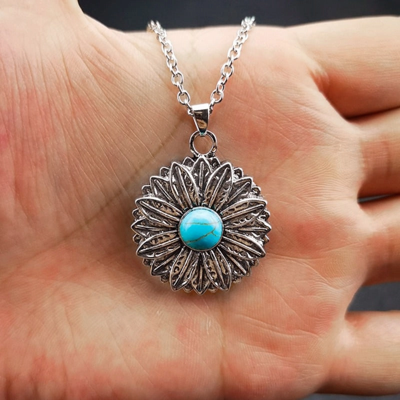 Wholesale Vintage Boho Blue Turquoise Sunflower Necklace