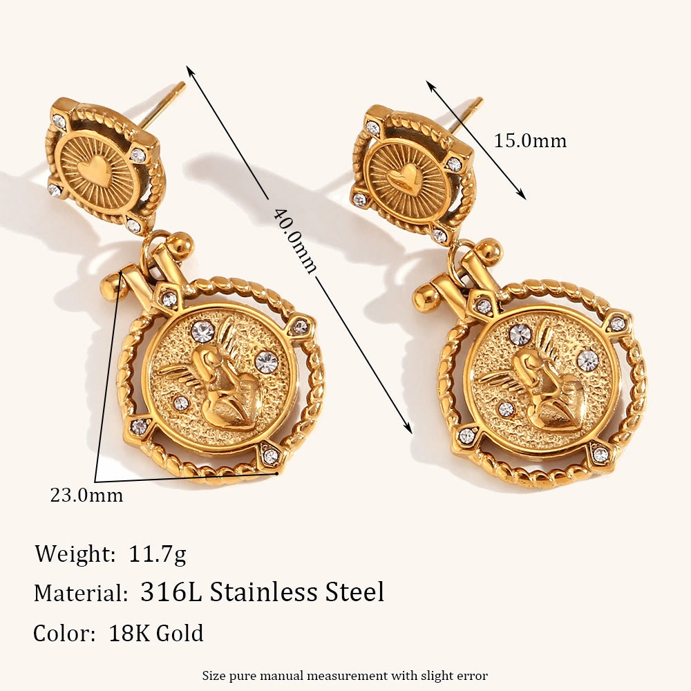 Wholesale Vintage Coin Stainless Steel 18K Gold Plated Earrings