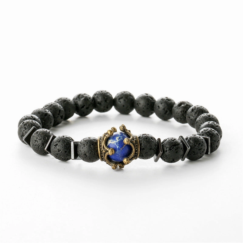Wholesale Vintage Crown Tiger Eye Volcanic Stone Bracelets