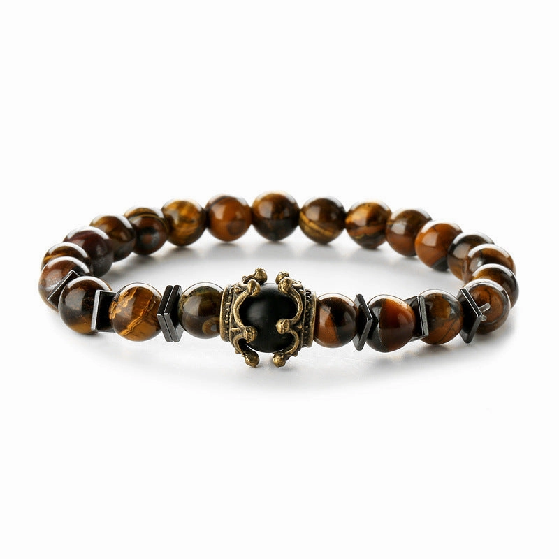 Wholesale Vintage Crown Tiger Eye Volcanic Stone Bracelets