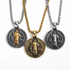 Wholesale Vintage Double-sided Saint Benedict Exorcism Men's Alloy Necklaces