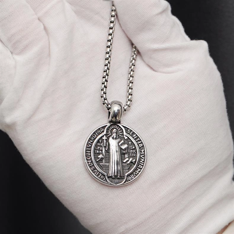 Wholesale Vintage Double-sided Saint Benedict Exorcism Men's Alloy Necklaces