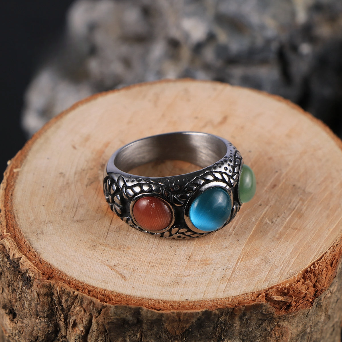 Wholesale Vintage Ethnic Style Cat's Eye Stone Titanium Steel Rings