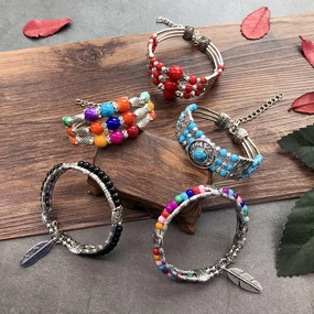 Wholesale vintage ethnic style handmade imitation colored stone bracelet versatile personality bohemian Tibetan silver bracelet female bracelet