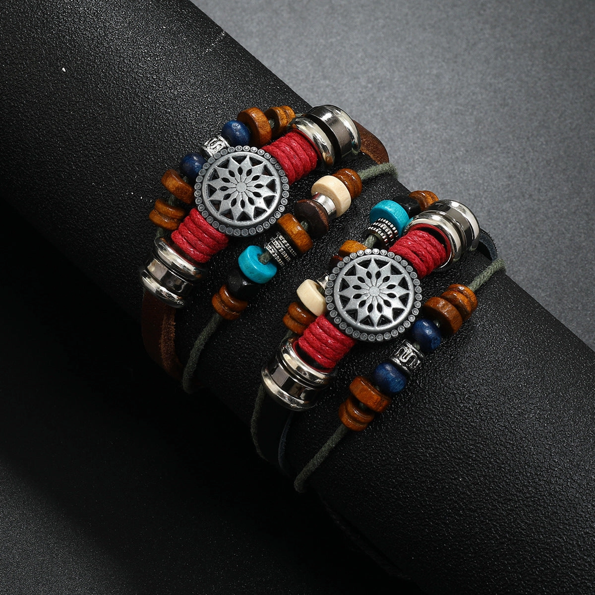 Wholesale Vintage Fashion Sunflower Handmade Beaded Leather Bracelet