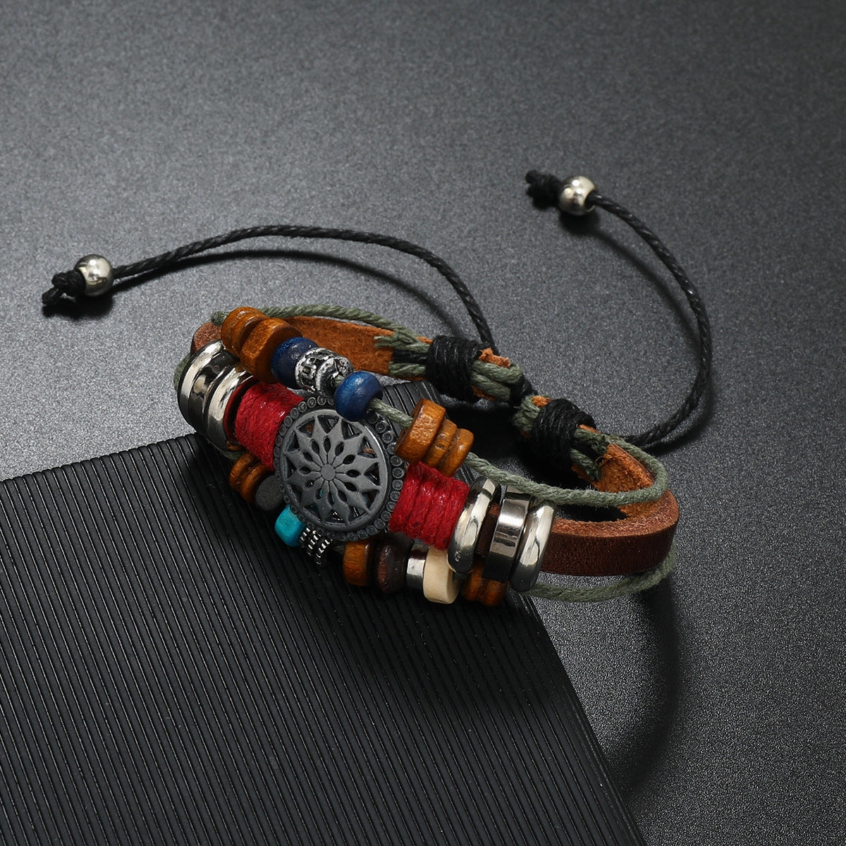 Wholesale Vintage Fashion Sunflower Handmade Beaded Leather Bracelet