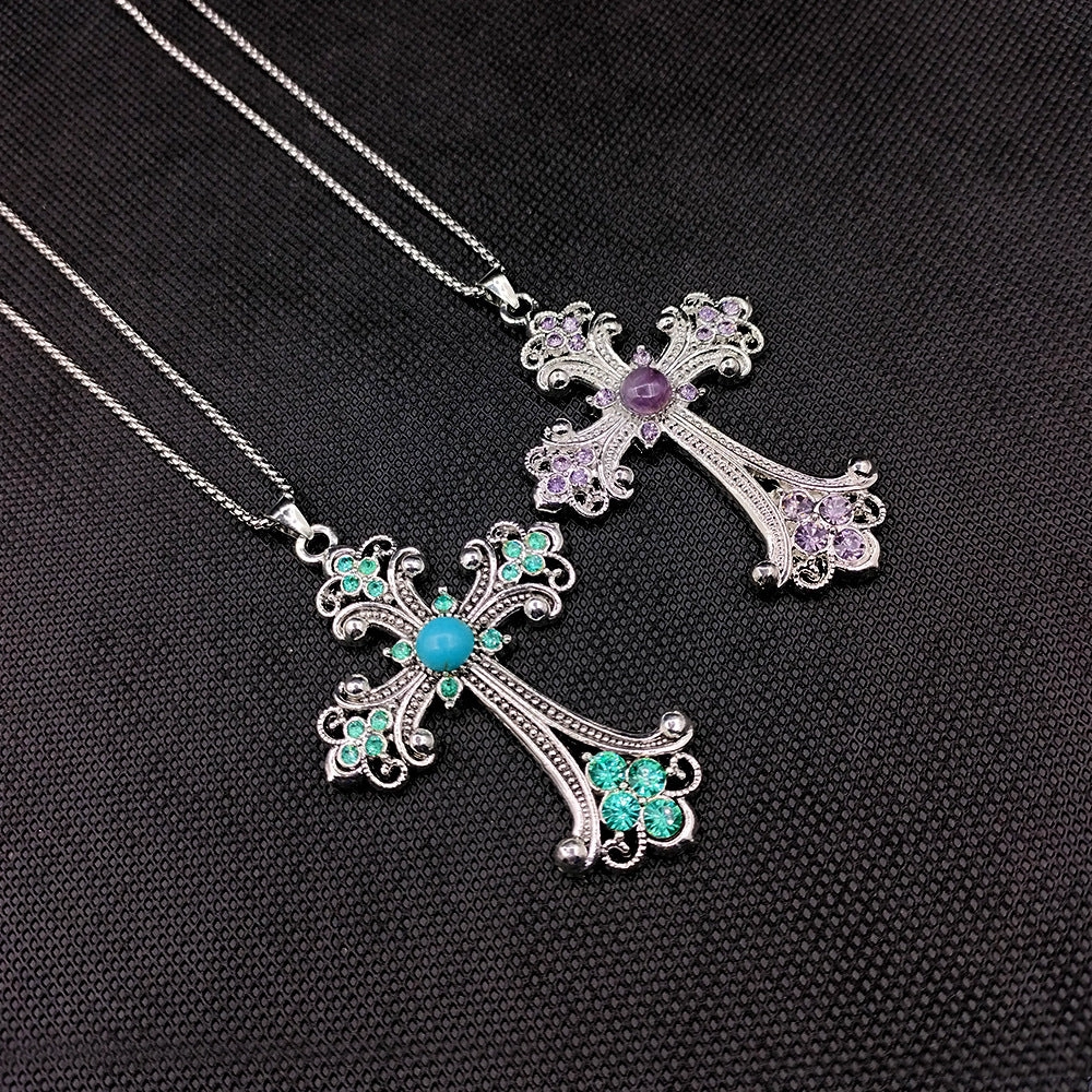 Wholesale Vintage Flash Diamond Turquoise Cross Large Necklace