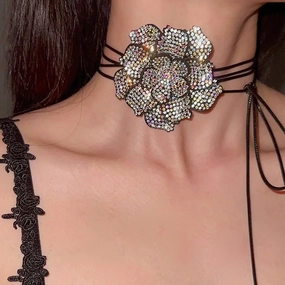 Wholesale Vintage Full Diamond Choker Velvet Flower Necklace