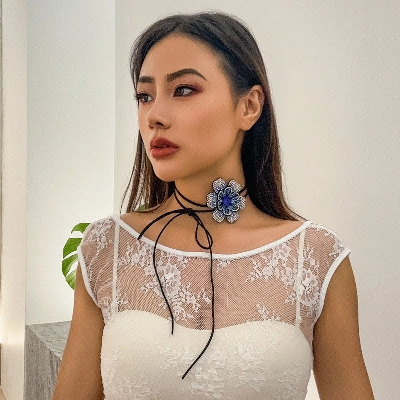 Wholesale Vintage Full Diamond Choker Velvet Flower Necklace