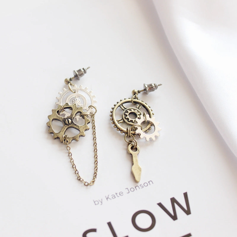 Wholesale Vintage Gear Chain Asymmetric Long Earrings