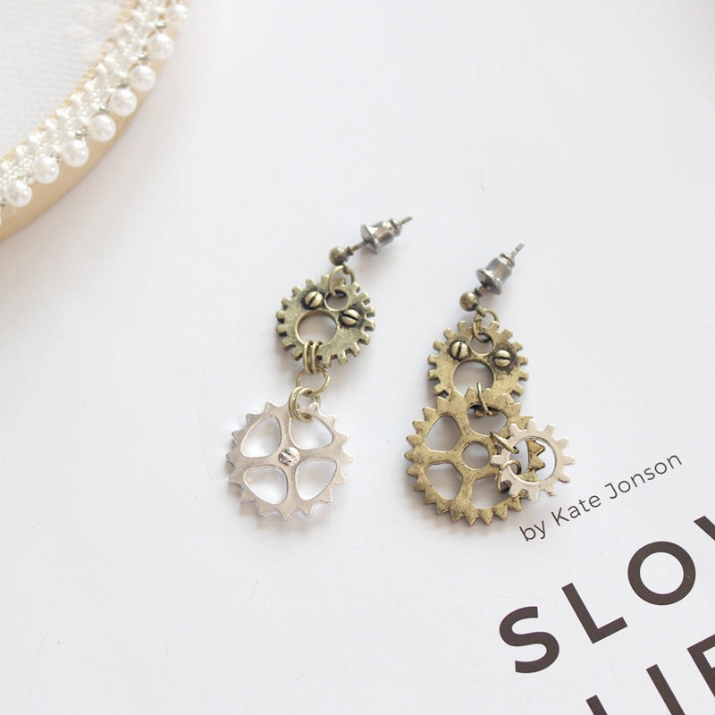 Wholesale Vintage Gear Chain Asymmetric Long Earrings