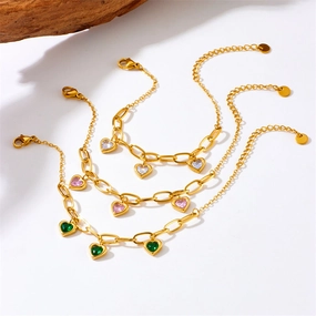 Wholesale Vintage gold-plated colored gemstone heart titanium steel bracelet