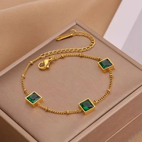 Wholesale Vintage Gold Square Inlaid Emerald Zircon Titanium Steel Bracelet
