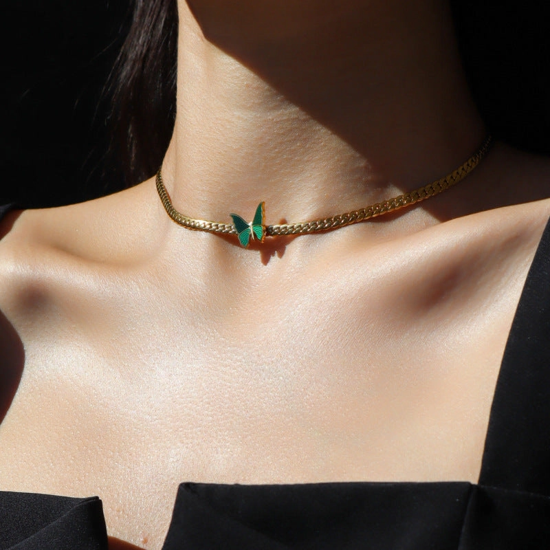 Wholesale Vintage Green Butterfly Titanium Steel Necklaces