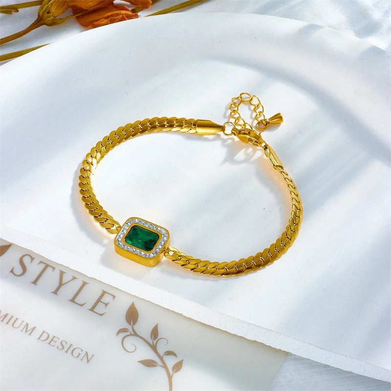 Wholesale Vintage Green Square Diamond Gemstone Twist Titanium Steel Bracelet
