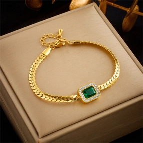 Wholesale Vintage Green Square Diamond Gemstone Twist Titanium Steel Bracelet