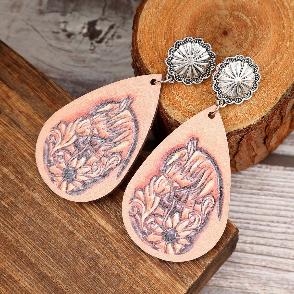 Wholesale Vintage Horse Head Wooden Drop Shaped Earrings