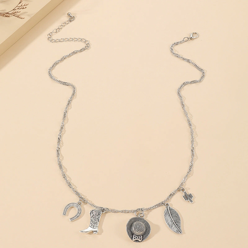 Wholesale Vintage Leaf Hat Boots Cactus Pendant Alloy Hollow Necklace