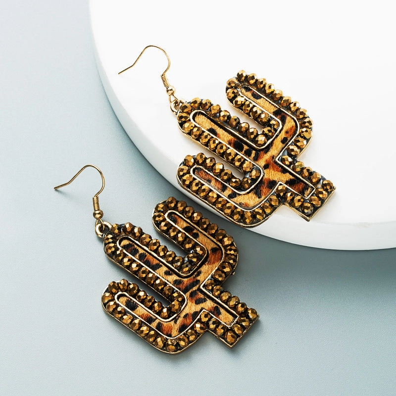 Wholesale Vintage leather exaggerated crystal leopard print earrings