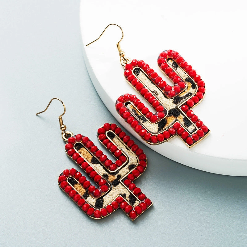 Wholesale Vintage leather exaggerated crystal leopard print earrings