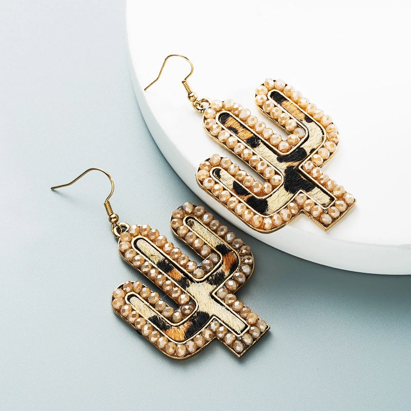 Wholesale Vintage leather exaggerated crystal leopard print earrings
