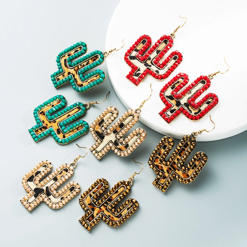 Wholesale Vintage leather exaggerated crystal leopard print earrings