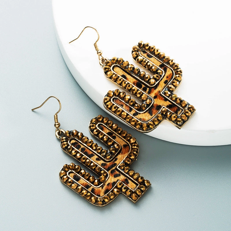 Wholesale Vintage leather exaggerated crystal leopard print earrings