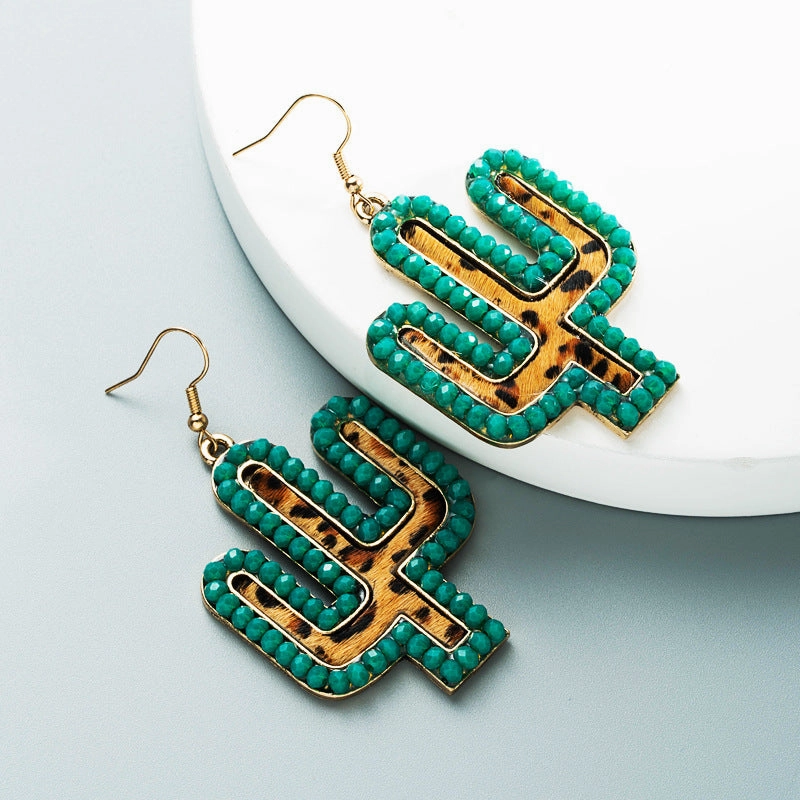 Wholesale Vintage leather exaggerated crystal leopard print earrings