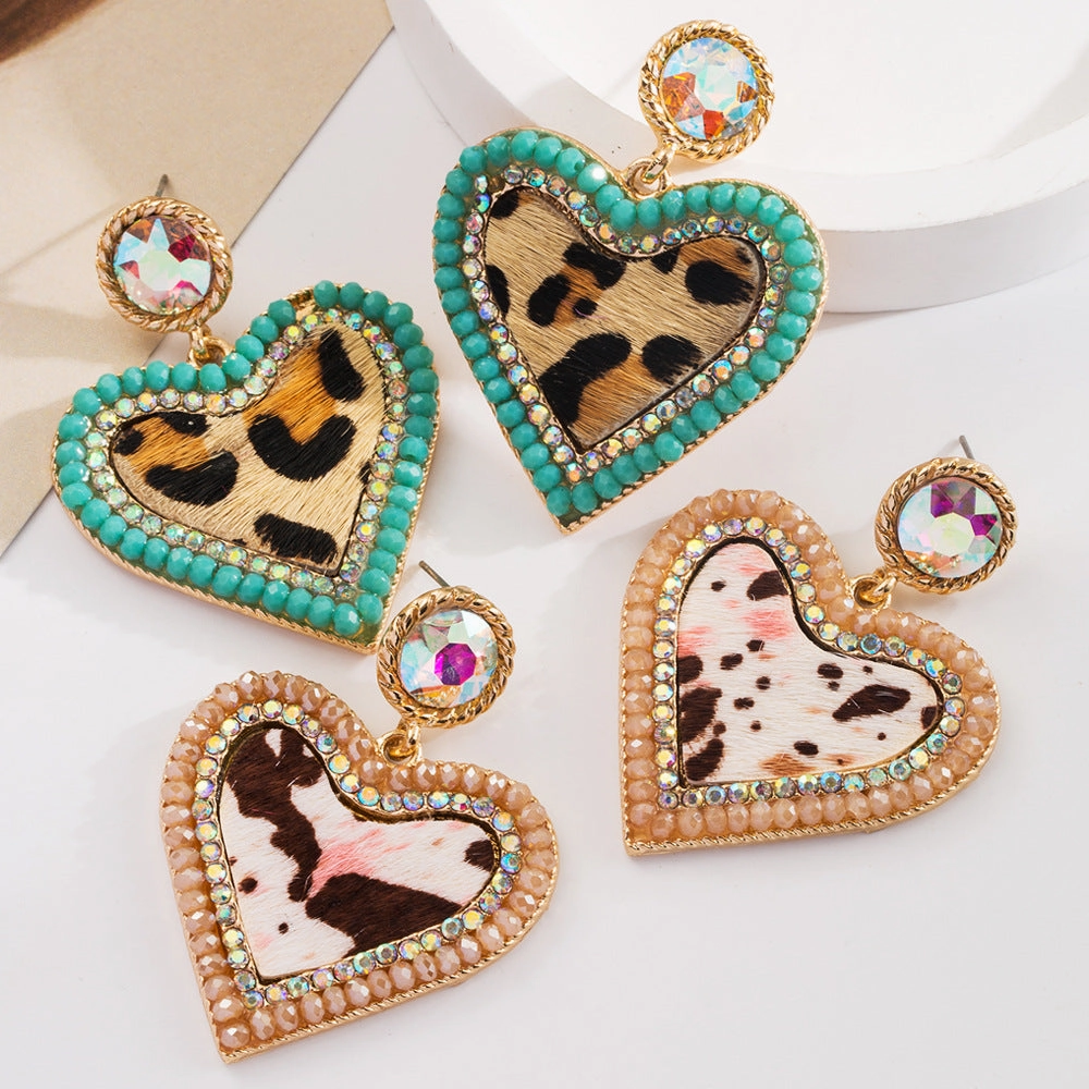 Wholesale Vintage Leopard Leather Diamond Heart Earrings