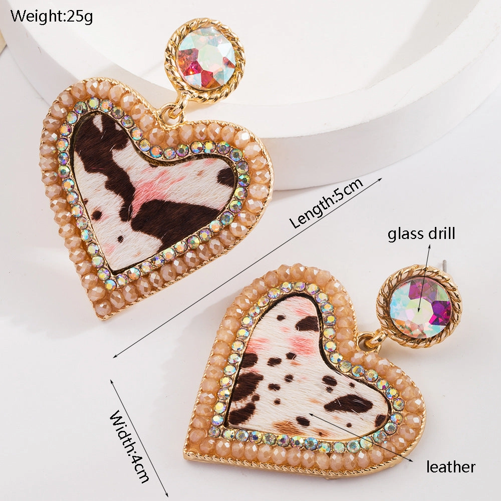 Wholesale Vintage Leopard Leather Diamond Heart Earrings