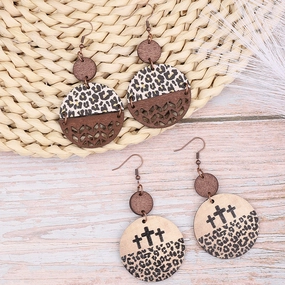 Wholesale Vintage Leopard Print Cross Hollow Wood Chip Round Earrings