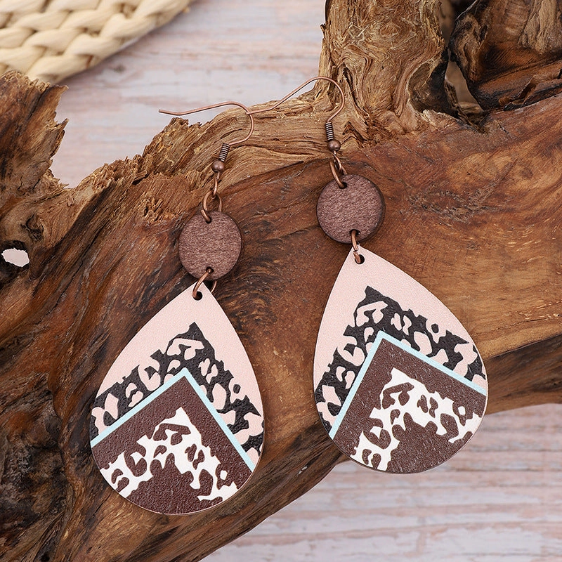 Wholesale Vintage Leopard Print Leather Wood Chip Teardrop Earrings