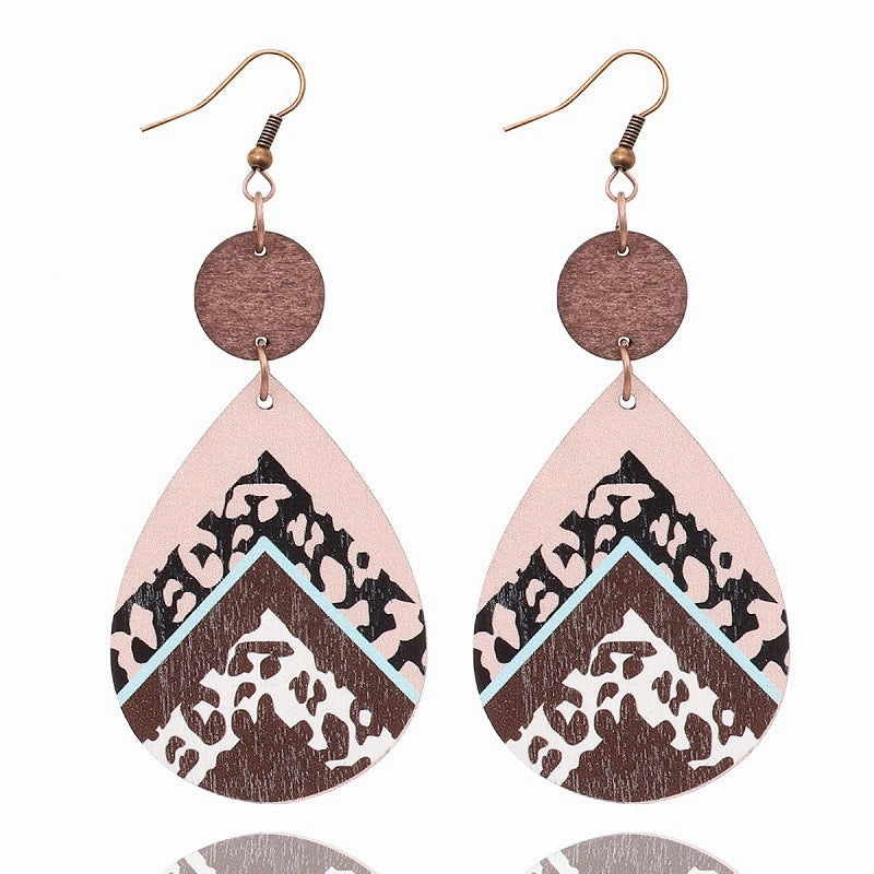 Wholesale Vintage Leopard Print Leather Wood Chip Teardrop Earrings