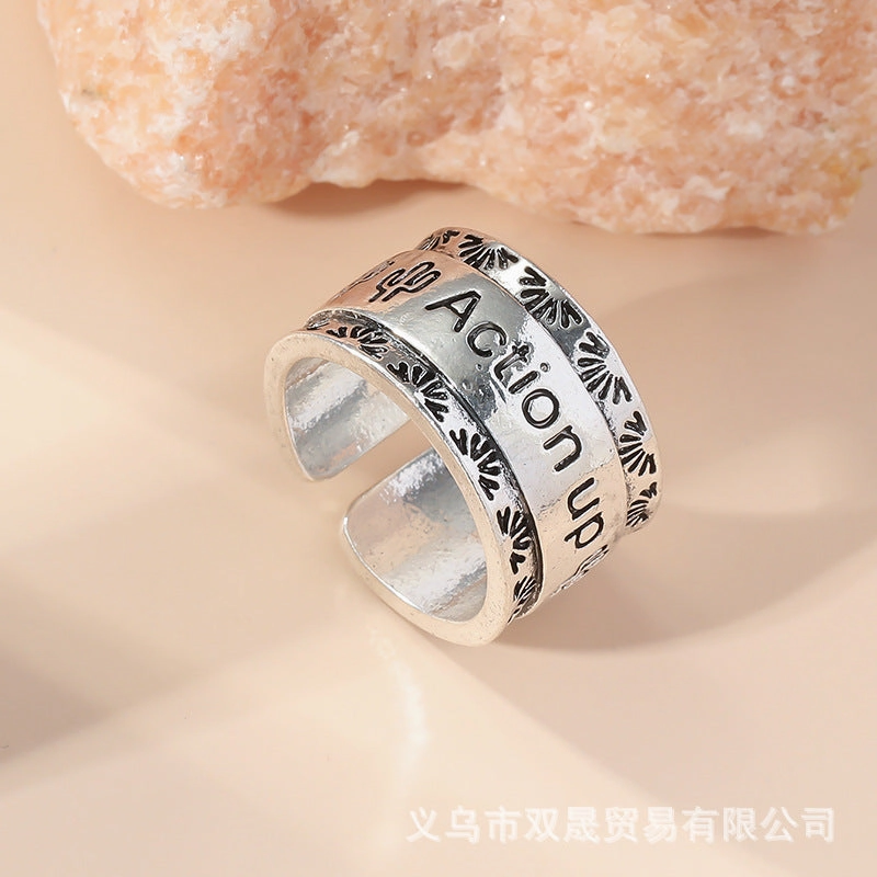 Wholesale Vintage Letter Wide Edge Open Antique Silver Ring