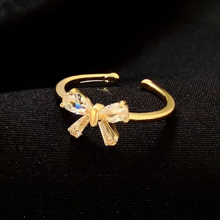 Wholesale Vintage Metal Bow Ring Micro-Inlaid Pink Zirconia Open Ring