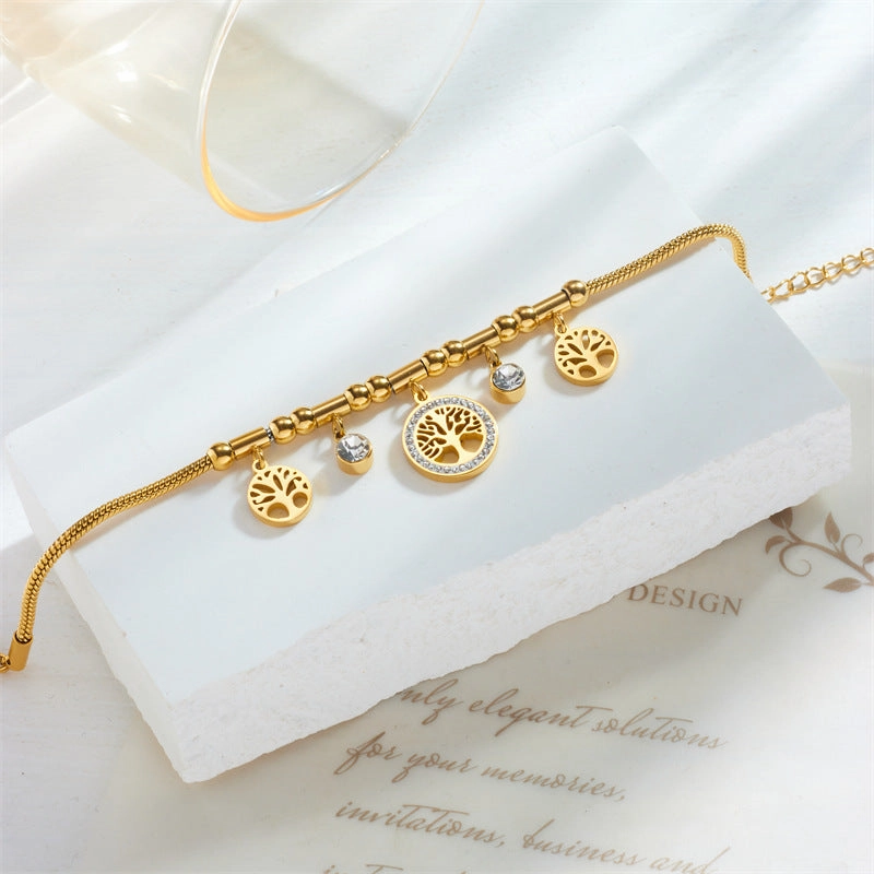 Wholesale Vintage Metal Diamond Hollow Tree of Life Titanium Steel Bracelet
