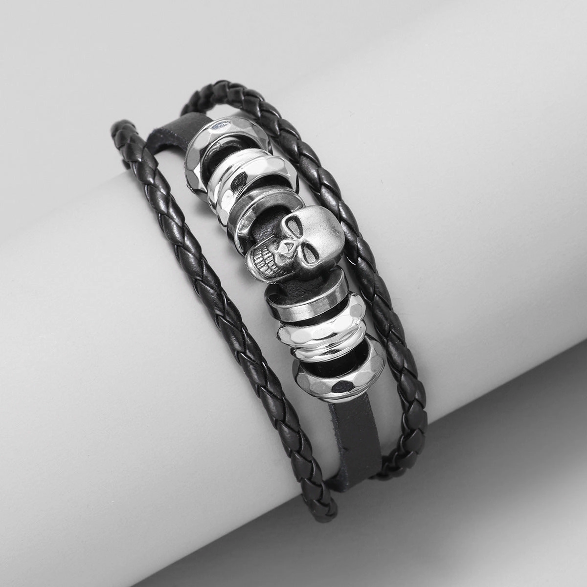 Wholesale Vintage Metal Punk Skull Men's Cowhide Braided Bracelet