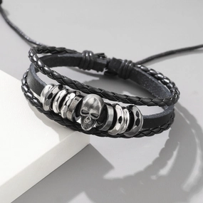 Wholesale Vintage Metal Punk Skull Men's Cowhide Braided Bracelet