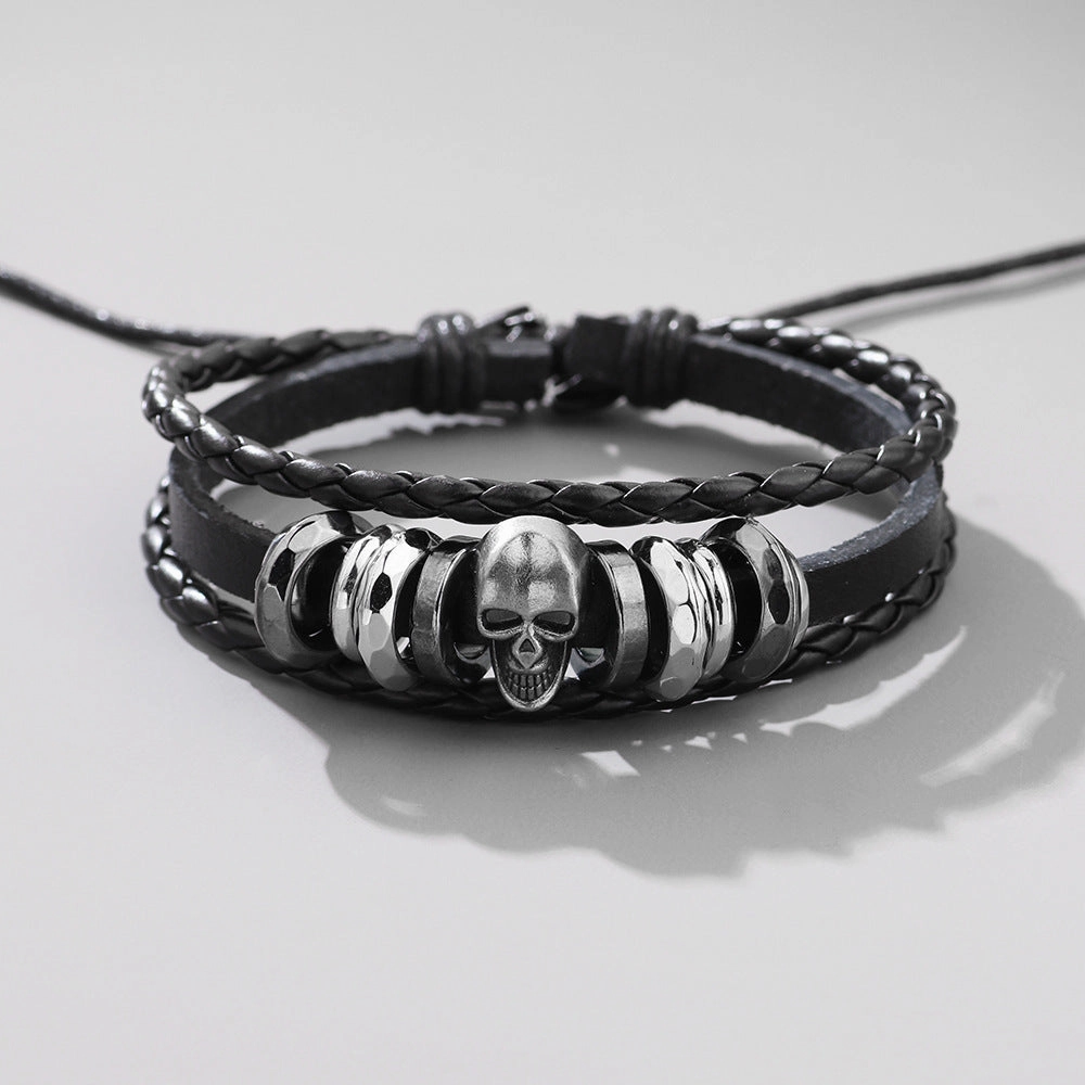 Wholesale Vintage Metal Punk Skull Men's Cowhide Braided Bracelet