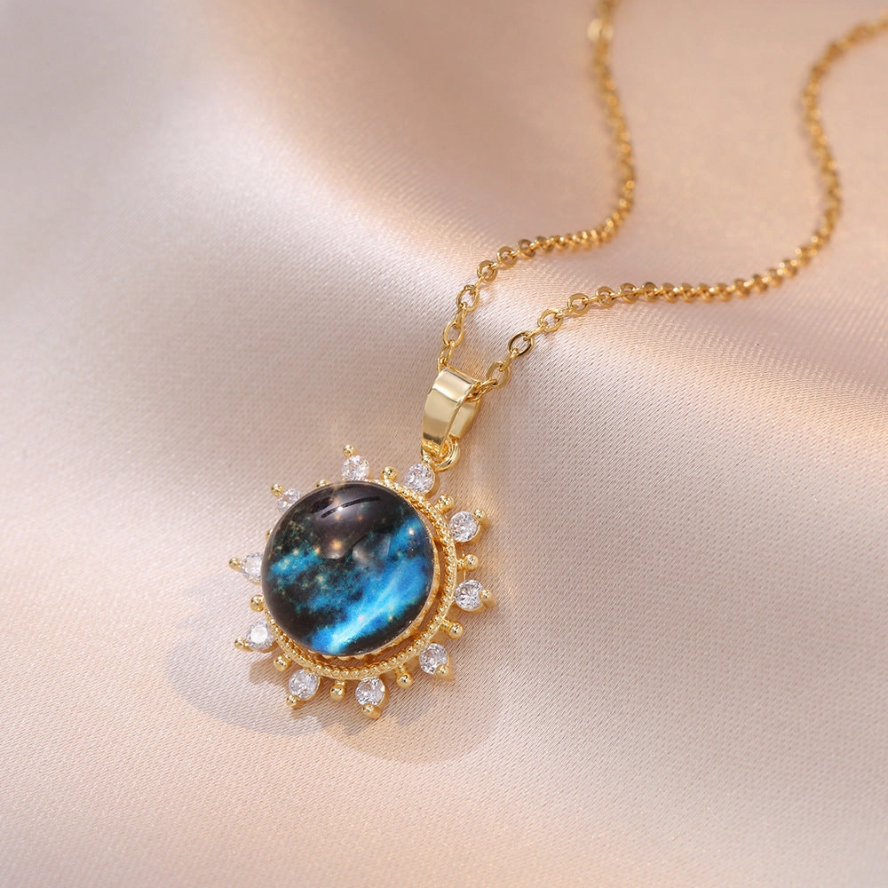 Wholesale Vintage Micropaved Zircon Star and Moon Blue Starry Sky Clavicle Chain