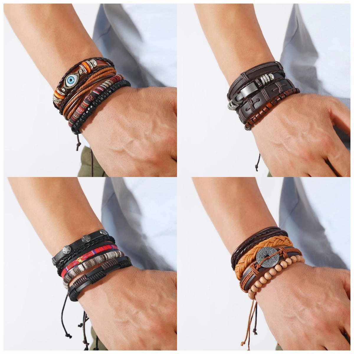 Wholesale Vintage Multilayer Alloy Wood Bead Leather Bracelet
