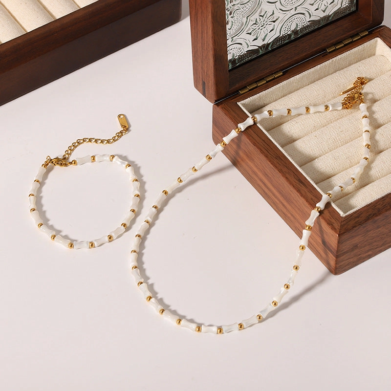 Wholesale Vintage Natural Shell Bamboo Rusty Steel Gold Plated Necklace