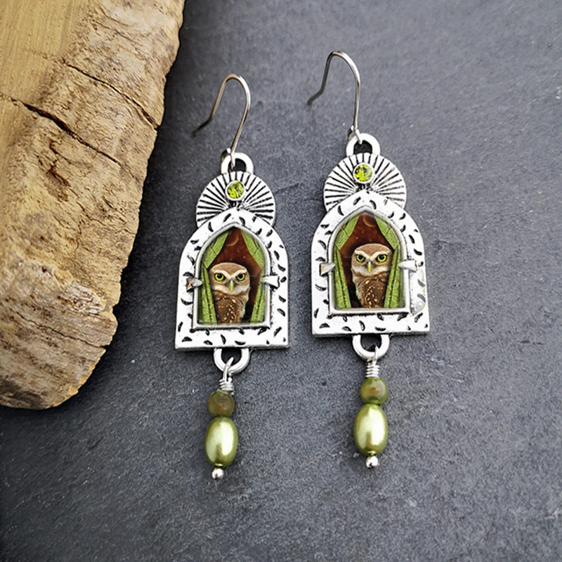 Wholesale Vintage Owl Diamond Pearl Metal Earrings