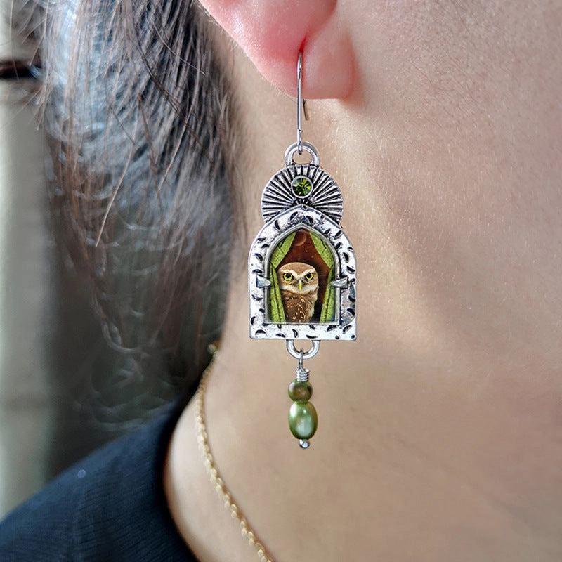 Wholesale Vintage Owl Diamond Pearl Metal Earrings